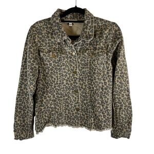 Jack + Avery Womens Leopard Print Denim Jacket Tan Raw Hem Cotton Large Boho